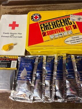 Vintage Emergency Survival Kit - Yellow First Aid Case with Water Pouches